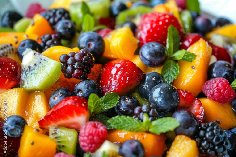 Vibrant fruit salad with a mix of seasonal fruits, perfect for healthy eating and refreshing summer snacks Vibrant fruit salad with a mix of seasonal fruits, perfect for healthy eating and refreshing summer snacks