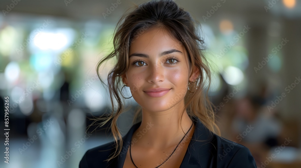 Best job candidate hispanic female standing and smiling confidently with office background Best job candidate hispanic female standing and smiling confidently with office background