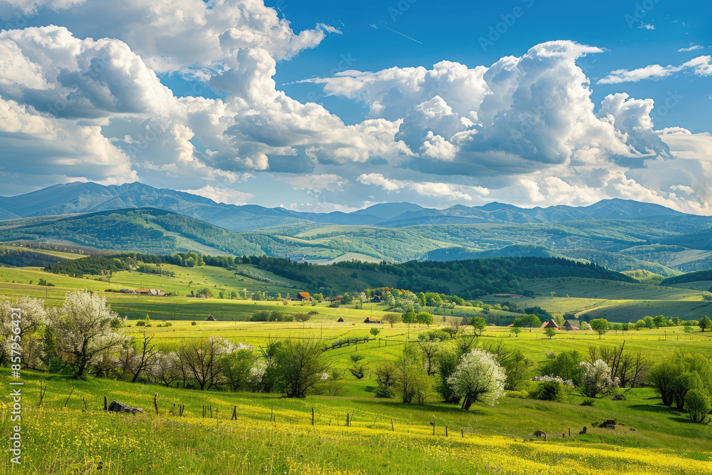 A panoramic view of the beautiful countryside on a sunny afternoon. landscape wonderful springtime scenery in the mountains, with a grassy field and rolling hills, a picturesque rural scenery. A panoramic view of the beautiful countryside on a sunny afternoon. landscape wonderful springtime scenery in the mountains, with a grassy field and rolling hills, a picturesque rural scenery.