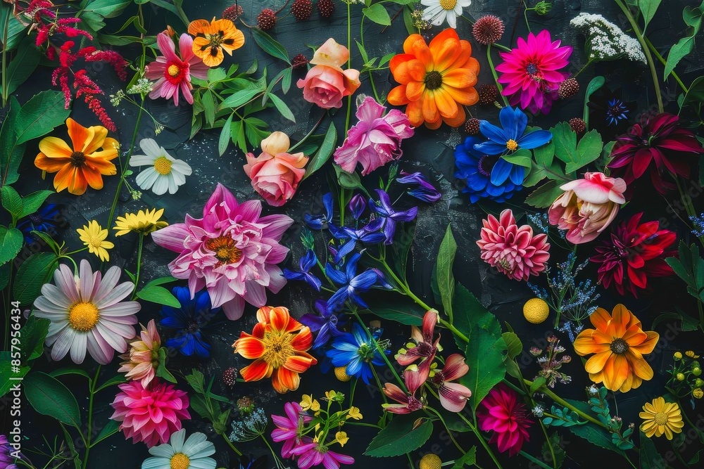A vibrant arrangement of colorful flowers on a dark background A vibrant arrangement of colorful flowers on a dark background