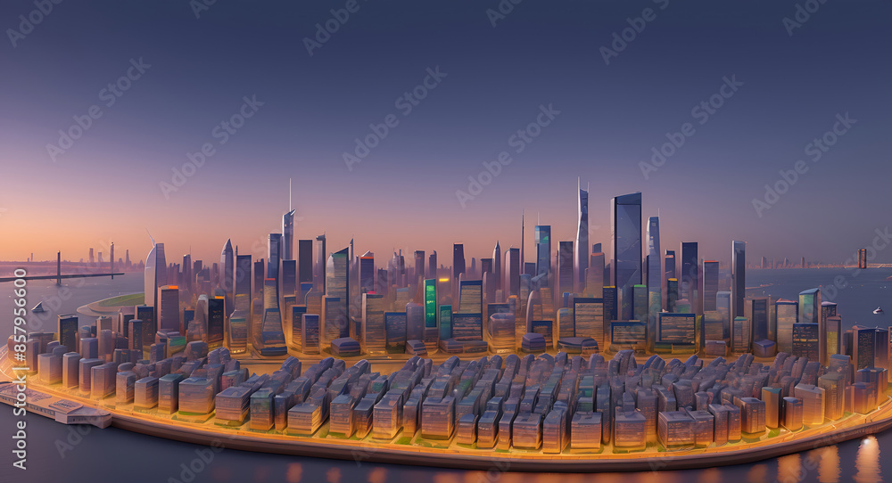 Fototapeta premium a detailed artwork depicting the iconic skyline of a bustling city at dusk, capturing the architectural landmarks and urban lights