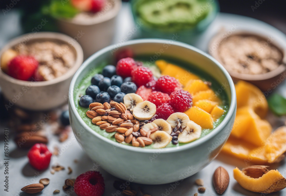 A vibrant smoothie bowl cafe, bowls filled with colorful fruits, nuts, and seeds, a visual and nutritional delight.
A vibrant smoothie bowl cafe, bowls filled with colorful fruits, nuts, and seeds, a visual and nutritional delight.