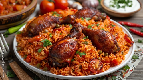 A dish of spicy Nigerian jollof rice with chicken