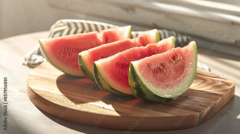 Fresh and juicy watermelon slices arranged on a rustic wooden board, highlighted against a soft, blurred background Fresh and juicy watermelon slices arranged on a rustic wooden board, highlighted against a soft, blurred background