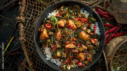 A dish of Trinidadian callaloo with spinach, okra, and coconut milk, served with rice, photographed in a Trinidadian mangrove area with traditional fishing nets and coastal scenery