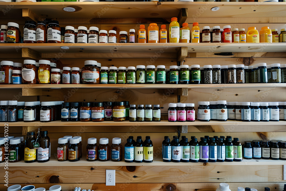 Diverse Selection of Natural Supplements and Organic Health Foods in a Nutrition Shop