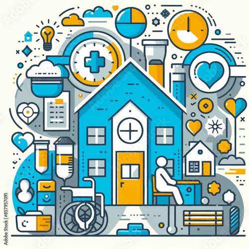 Hospital, boarding school, physiotherapy, elderly care service, long-term retirement stay, abstract metaphor of a holiday home. 