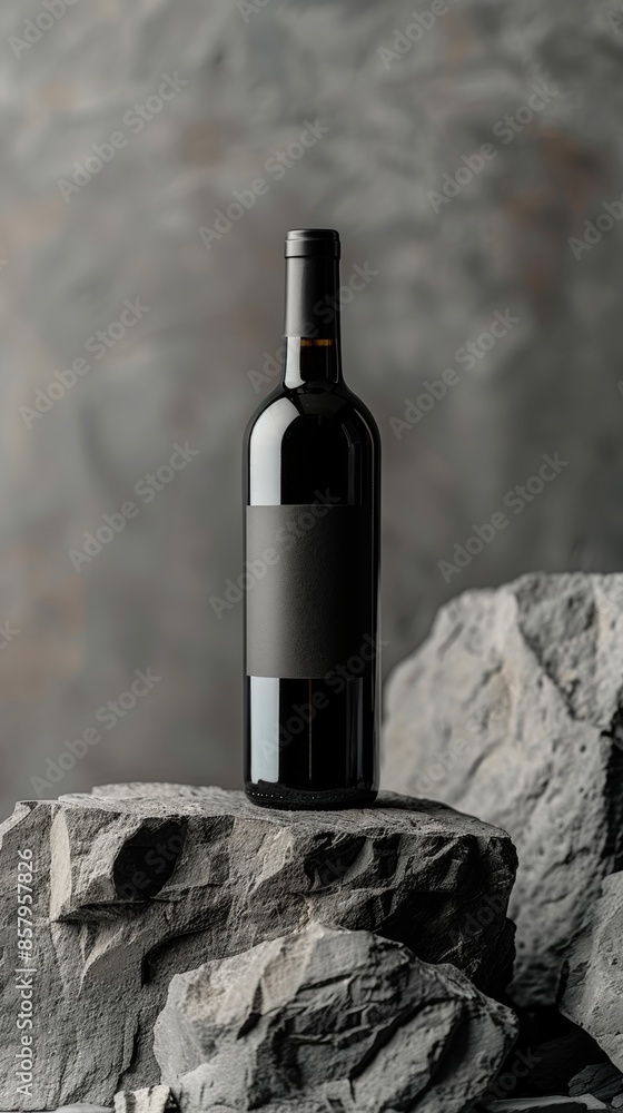 An wine bottle positioned on a rugged stone-textured surface, A light gray depth background. An wine bottle positioned on a rugged stone-textured surface, A light gray depth background.