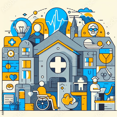 Hospital, boarding school, physiotherapy, elderly care service, long-term retirement stay, abstract metaphor of a holiday home. 