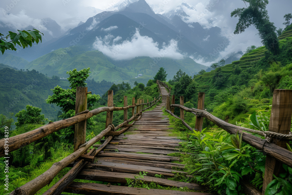 Local wooden bridge among natural landscape of green mountain range during trekking in Himalayan range - Nepal Local wooden bridge among natural landscape of green mountain range during trekking in Himalayan range - Nepal