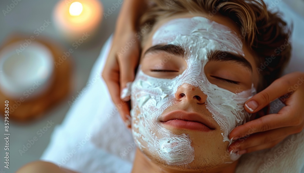 a young man lies with his eyes closed, undergoing cosmetic procedures, a cosmetic mask on his face a young man lies with his eyes closed, undergoing cosmetic procedures, a cosmetic mask on his face