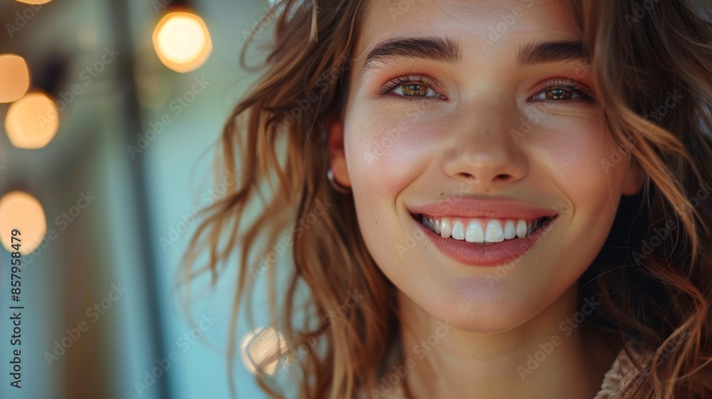 The woman who greets the morning is wearing makeup and smiling satisfactorily in front of the mirror The woman who greets the morning is wearing makeup and smiling satisfactorily in front of the mirror