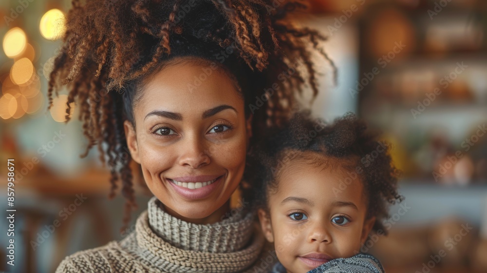 Fototapeta premium black woman a mother, caucasian age 35-45 wearing a sweater, she is sitting with her daughter