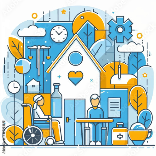 Hospital, boarding school, physiotherapy, elderly care service, long-term retirement stay, abstract metaphor of a holiday home. 