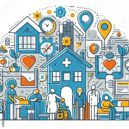 Hospital, boarding school, physiotherapy, elderly care service, long-term retirement stay, abstract metaphor of a holiday home. 