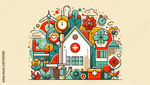 Hospital, boarding school, physiotherapy, elderly care service, long-term retirement stay, abstract metaphor of a holiday home. 