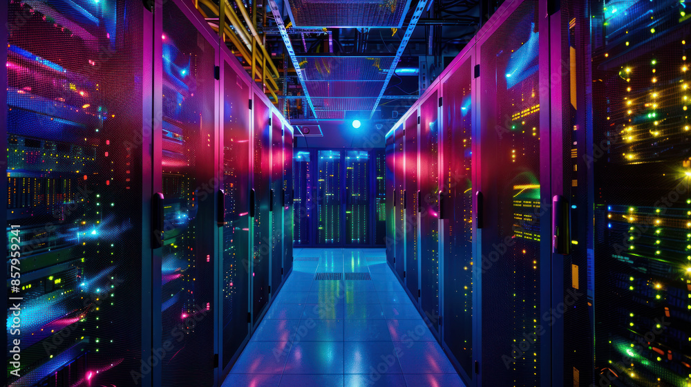 Server room data center with racks and rows of servers. Concept of modern datacenter infrastructure, cyber security, and high performance computing technology. Server room data center with racks and rows of servers. Concept of modern datacenter infrastructure, cyber security, and high performance computing technology.