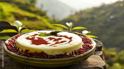 A plate of Bhutanese ema datshi with spicy chilies and cheese, served with red rice, placed on a ceramic plate with a view of the Himalayan mountains photo