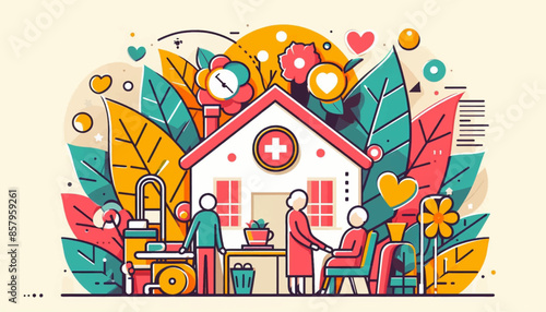 Hospital, boarding school, physiotherapy, elderly care service, long-term retirement stay, abstract metaphor of a holiday home. Simple composition, in color in colors yellow, red, green