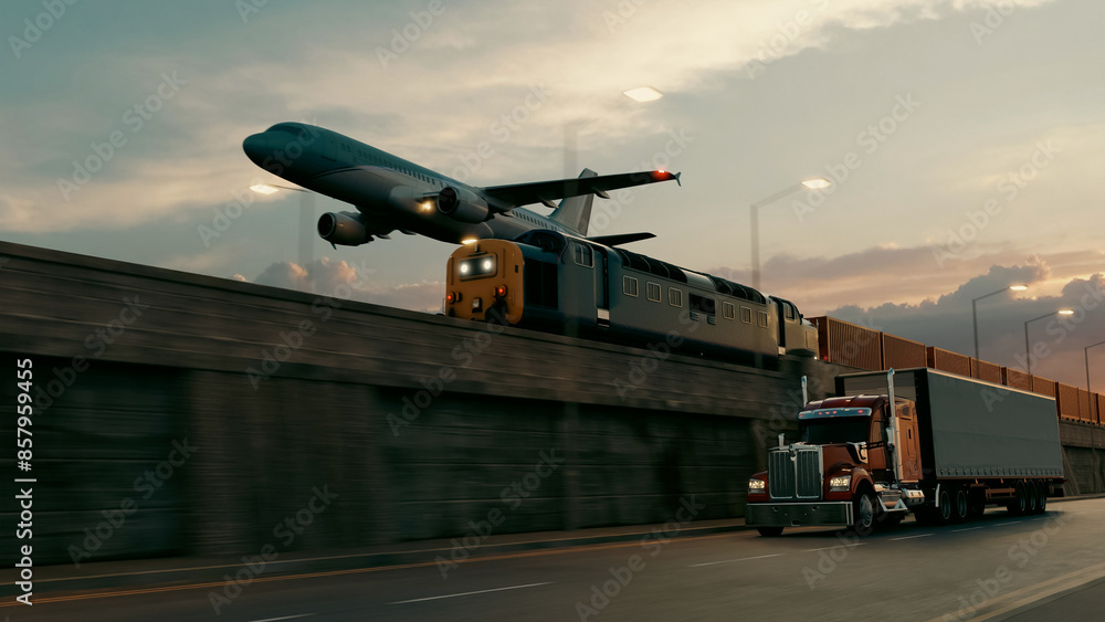 Trucks run on the highway along with trains and airplanes. 3d illustration Trucks run on the highway along with trains and airplanes. 3d illustration