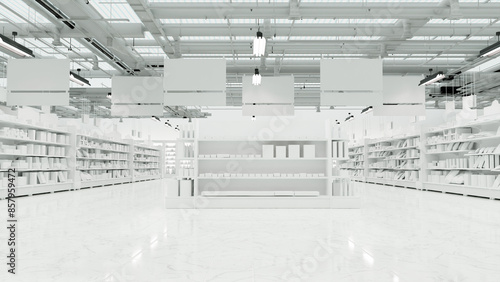 3D Rendering. Store interior supermarket with shelf shelves.