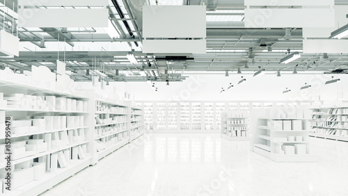 3D Rendering. Store interior supermarket with shelf shelves.