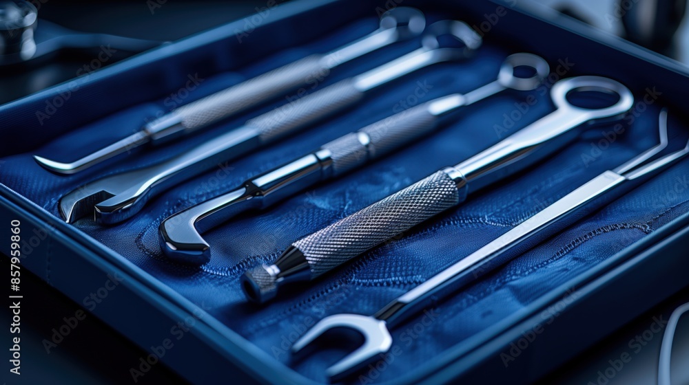 Close-Up of Precision Surgical Instruments. Close-up view of precision surgical instruments neatly arranged, showcasing their design and craftsmanship in a medical setting. Close-Up of Precision Surgical Instruments. Close-up view of precision surgical instruments neatly arranged, showcasing their design and craftsmanship in a medical setting.