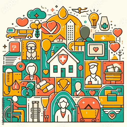 Hospital, boarding school, physiotherapy, elderly care service, long-term retirement stay, abstract metaphor of a holiday home. Simple composition, in color in colors yellow, red, green