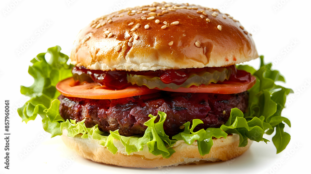 A vibrant fast food beet burger with fresh lettuce, tomatoes, and a soft bun A vibrant fast food beet burger with fresh lettuce, tomatoes, and a soft bun