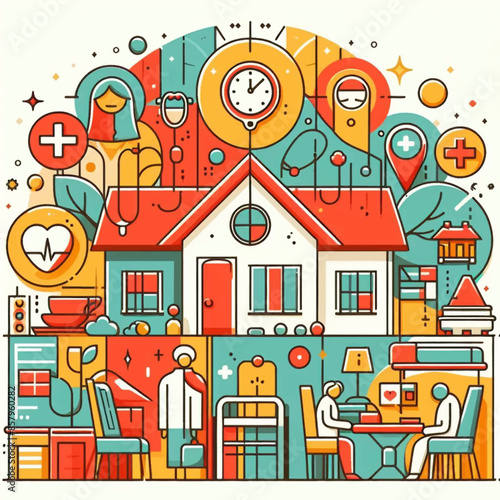 Hospital, boarding school, physiotherapy, elderly care service, long-term retirement stay, abstract metaphor of a holiday home. Simple composition, in color in colors yellow, red, green