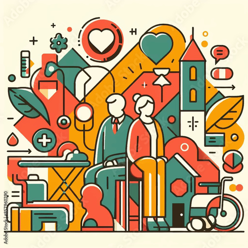 Hospital, boarding school, physiotherapy, elderly care service, long-term retirement stay, abstract metaphor of a holiday home. Simple composition, in color in colors yellow, red, green