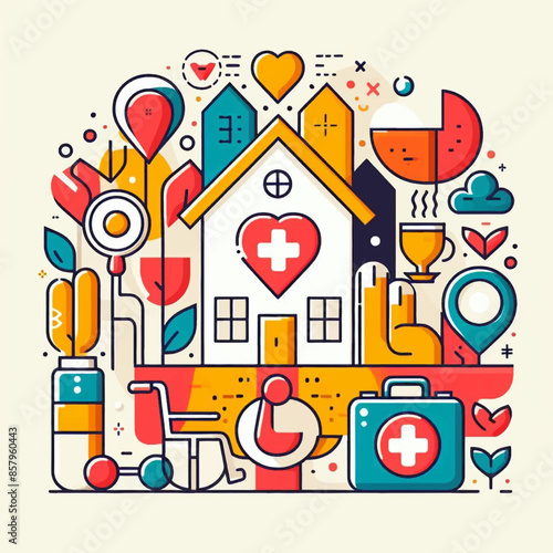 Hospital, boarding school, physiotherapy, elderly care service, long-term retirement stay, abstract metaphor of a holiday home. Simple composition, in color in colors yellow, red, green