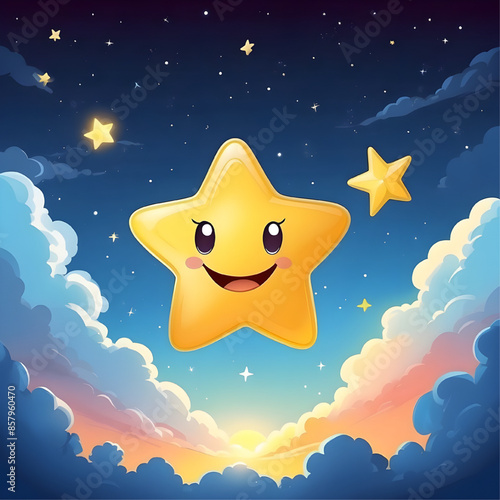 Smiling Star in the Night Sky: A cheerful cartoon star with a big smile floats in a night sky with clouds and stars. It's the perfect illustration for children's books, bedtime stories