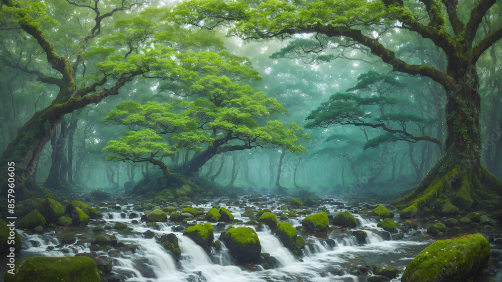 Mossy rocks and cascading stream surrounded by vibrant foliage create a peaceful, refreshing woodland environment Mossy rocks and cascading stream surrounded by vibrant foliage create a peaceful, refreshing woodland environment