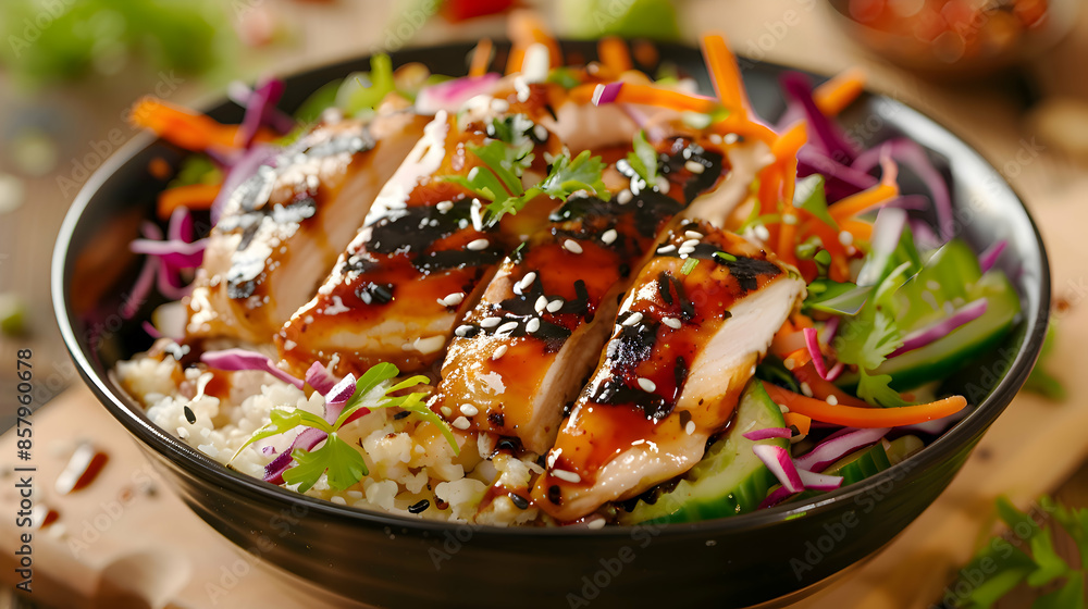 A vibrant fast food cauliflower rice bowl with grilled chicken, fresh vegetables, and a flavorful sauce A vibrant fast food cauliflower rice bowl with grilled chicken, fresh vegetables, and a flavorful sauce