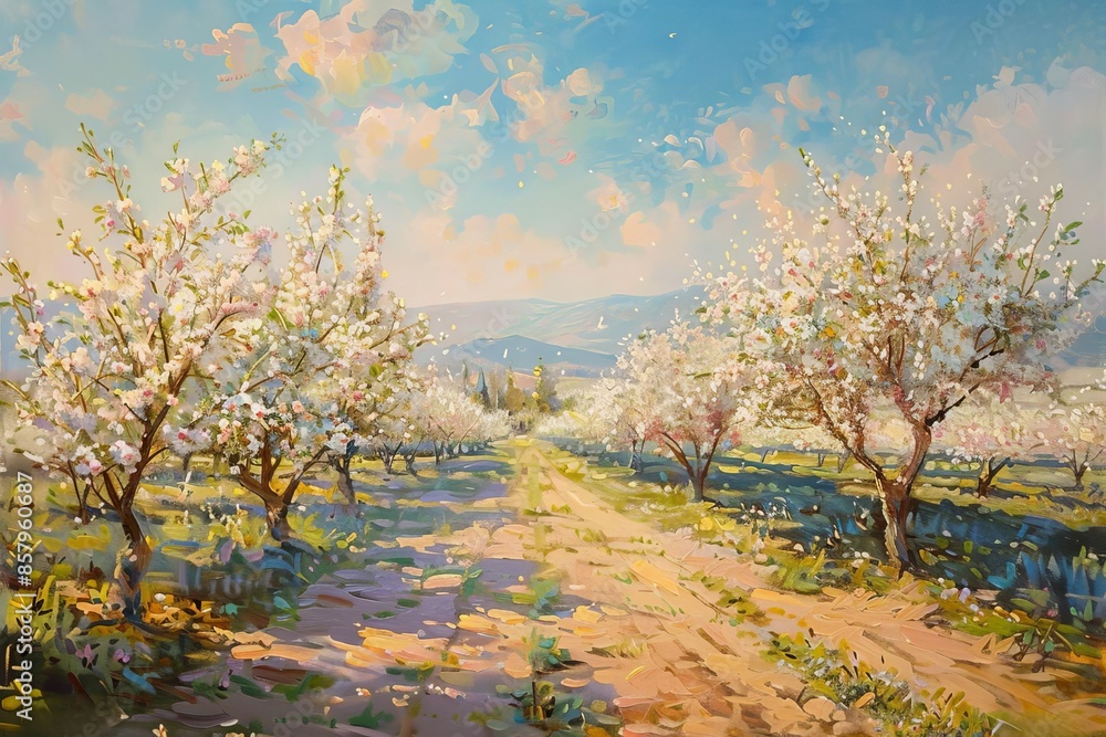 An exquisite oil painting capturing a panoramic view of a fresh, blooming orchard under a clear blue sky, with the morning light gently illuminating the abundance of fruit-laden trees, An exquisite oil painting capturing a panoramic view of a fresh, blooming orchard under a clear blue sky, with the morning light gently illuminating the abundance of fruit-laden trees,