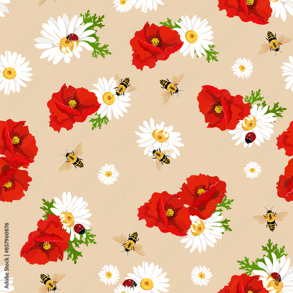 Soft and gentle pretty daisy floral, poppies with bumble bees seamless pattern on beige background Soft and gentle pretty daisy floral, poppies with bumble bees seamless pattern on beige background