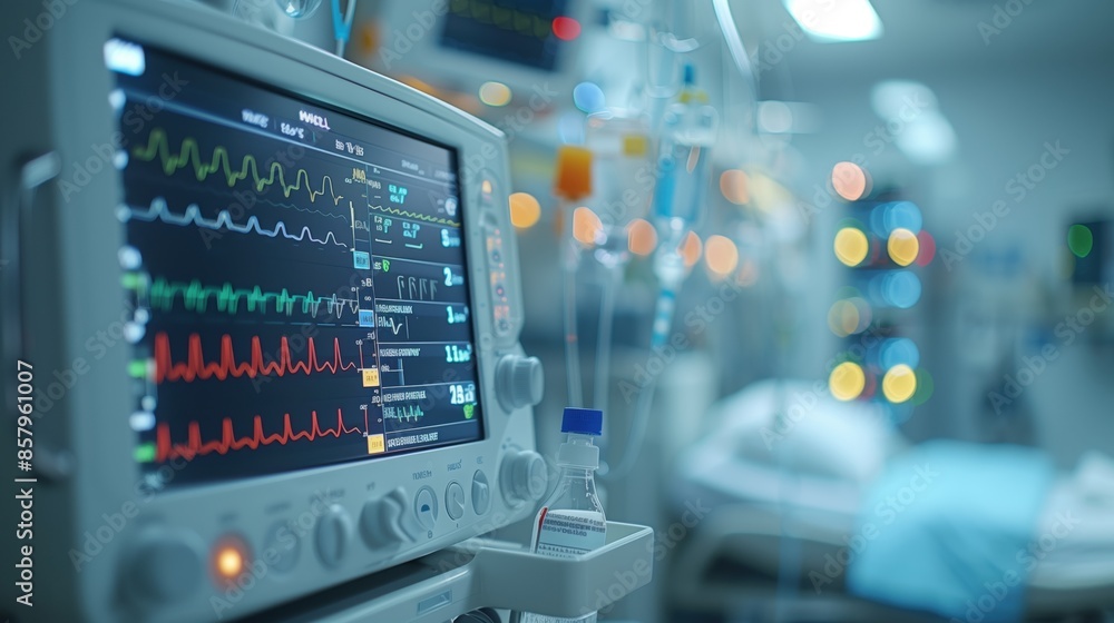 Artificial Breathing Machine in ICU. Close-up of an artificial breathing machine in an intensive care unit, displaying vital signs and patient data. Artificial Breathing Machine in ICU. Close-up of an artificial breathing machine in an intensive care unit, displaying vital signs and patient data.