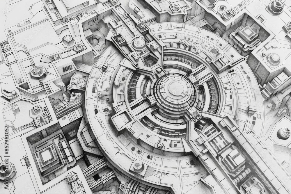 Fototapeta premium An intricate, top-down view of a mysterious ancient password mechanism, rendered in detailed pencil sketch art,