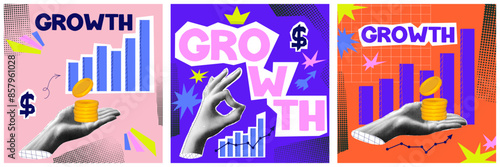 Financial collage with halftone hand and growth money. Financial and analysis collage concept. Halftone bright poster set