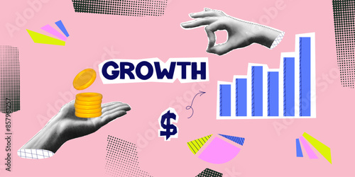 Halftone collage financial banner with hand, chart. Growth finance business and marketing. Concept with halftone hand. Vector contemporary illustration