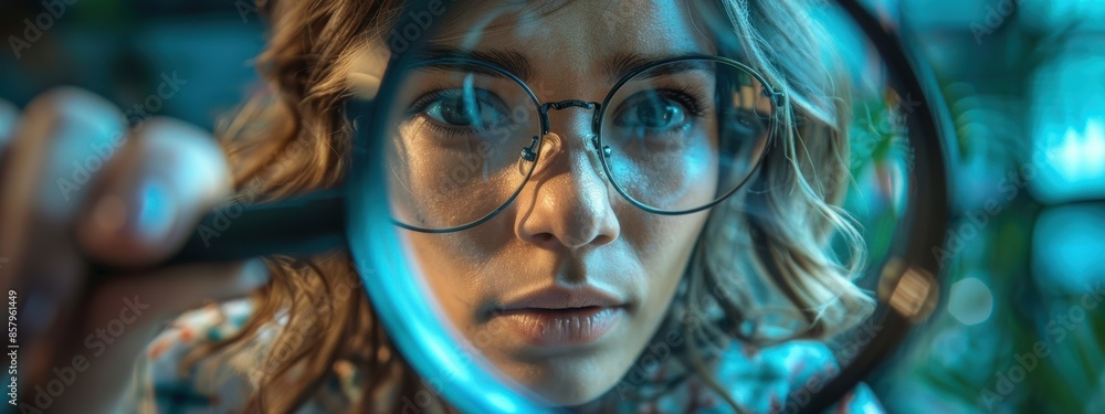 A woman is looking into a magnifying glass. Concept of curiosity and exploration, as the woman is examining something closely A woman is looking into a magnifying glass. Concept of curiosity and exploration, as the woman is examining something closely
