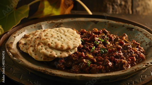 A plate of Libyan bazeen with unleavened bread and lamb stew, placed on a ceramic plate, set on a table with a view of the Libyan desert and mangrove swamps photo