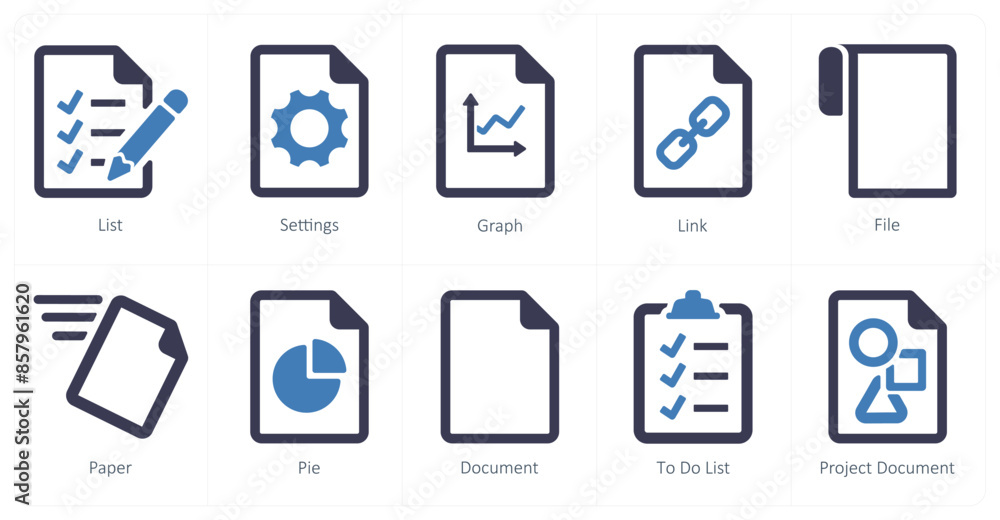 A set of 10 File icons as list, settings, graph