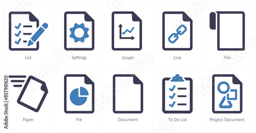A set of 10 File icons as list, settings, graph