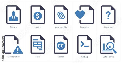 A set of 10 File icons as resume, invoice, attached file