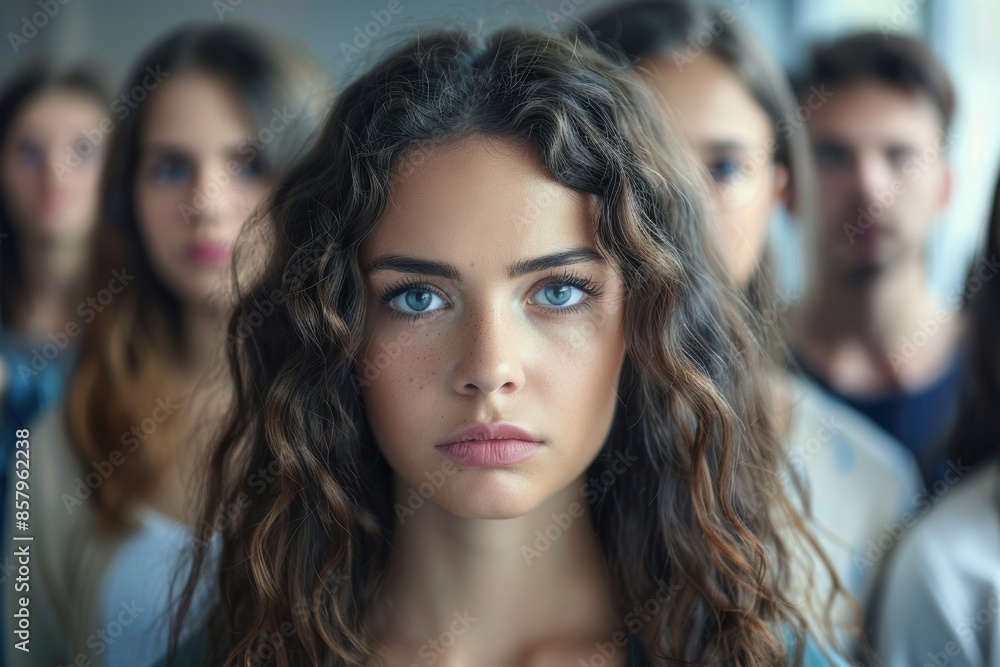 A woman with long brown hair stands in front of a group of people. She is the center of attention and she is the most beautiful person in the group A woman with long brown hair stands in front of a group of people. She is the center of attention and she is the most beautiful person in the group