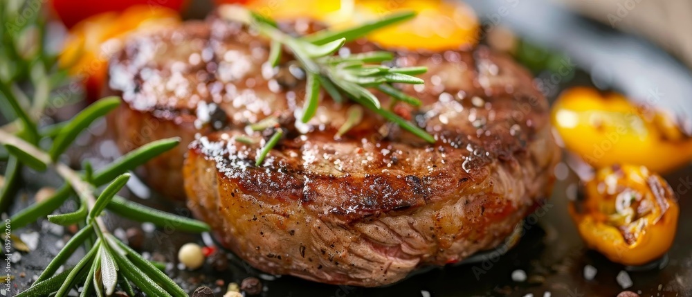 Another closeup of a perfectly cooked steak with garnish Another closeup of a perfectly cooked steak with garnish