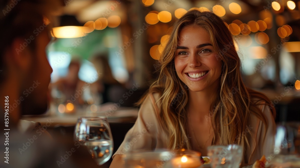 A joyful woman smiles warmly across the table at a cozy, warmly-lit restaurant, capturing the essence of a pleasant dining experience and friendly connection. A joyful woman smiles warmly across the table at a cozy, warmly-lit restaurant, capturing the essence of a pleasant dining experience and friendly connection.