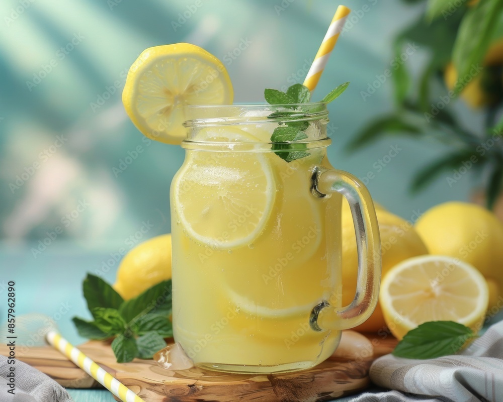 A refreshing glass of freshly squeezed lemonade in a mason jar, perfect for quenching your thirst on a hot day A refreshing glass of freshly squeezed lemonade in a mason jar, perfect for quenching your thirst on a hot day